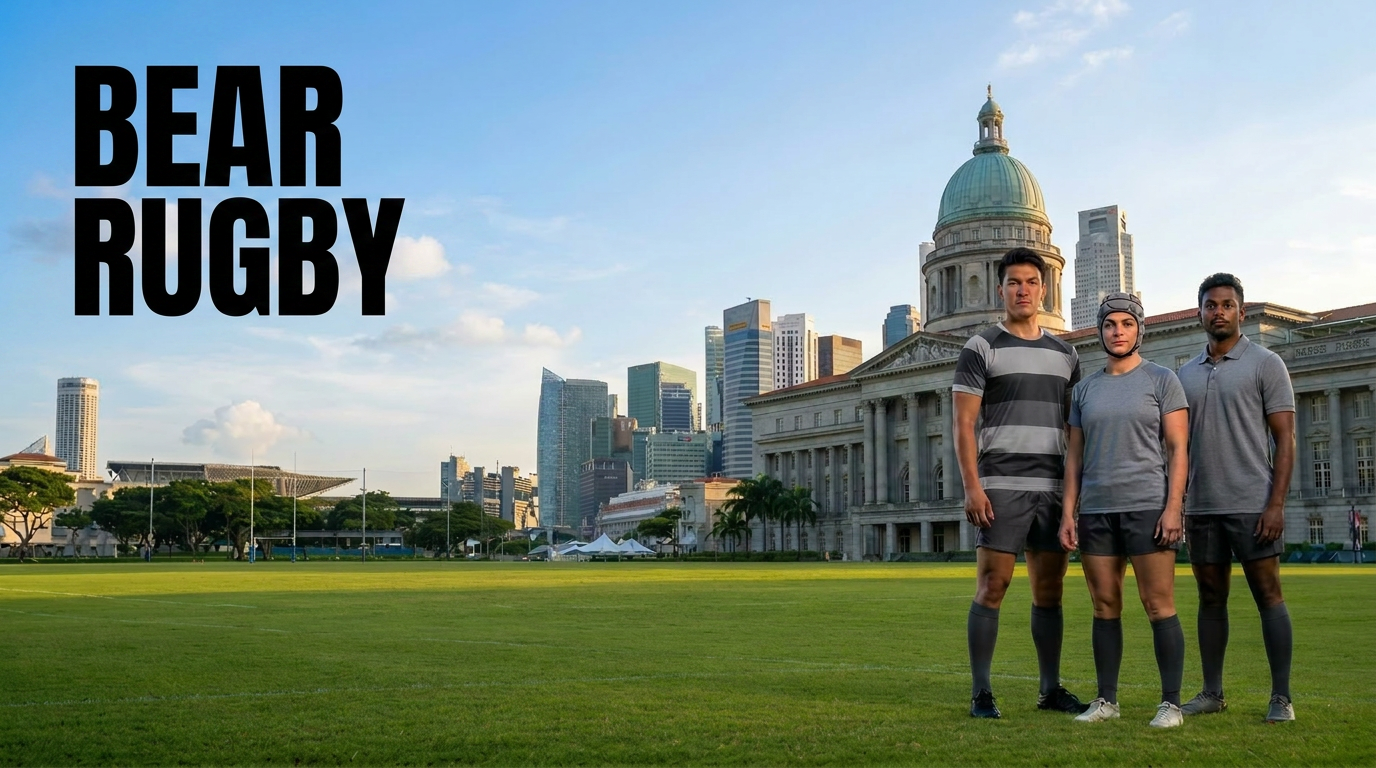 Father and son on a Singapore rugby pitch at dawn